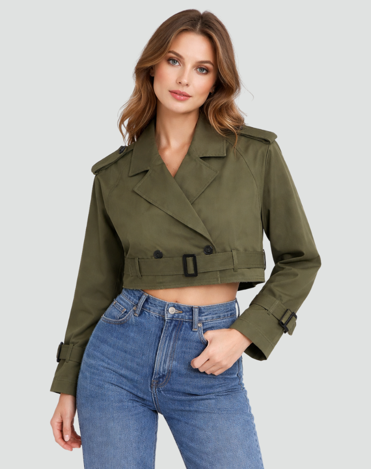Women's cropped belted trench coat with lapels and long sleeves