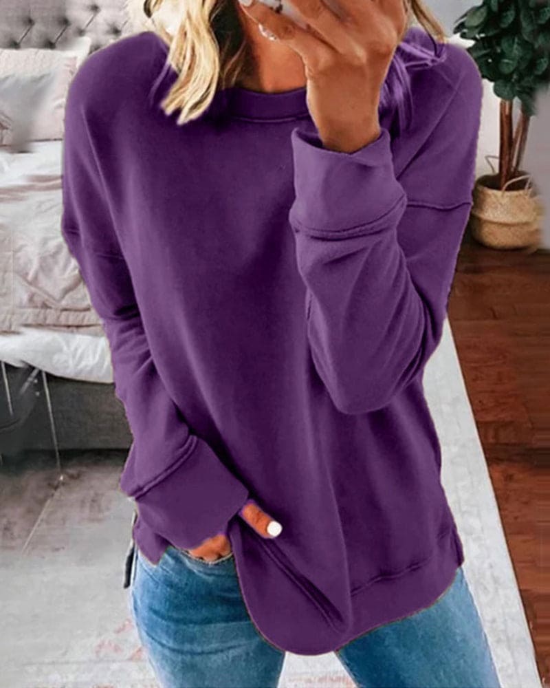 Women's plain crew-neck sweatshirt with long sleeves and ribbed trims