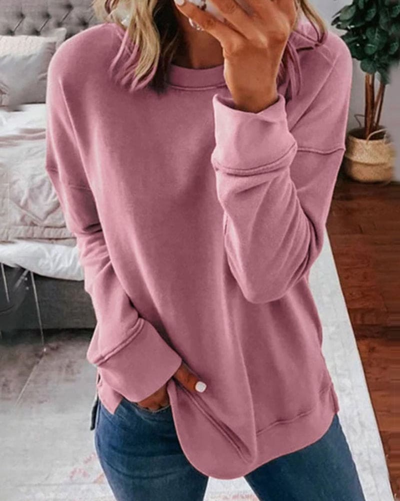 Women's plain crew-neck sweatshirt with long sleeves and ribbed trims