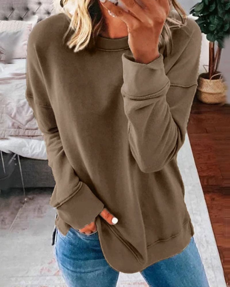 Women's plain crew-neck sweatshirt with long sleeves and ribbed trims