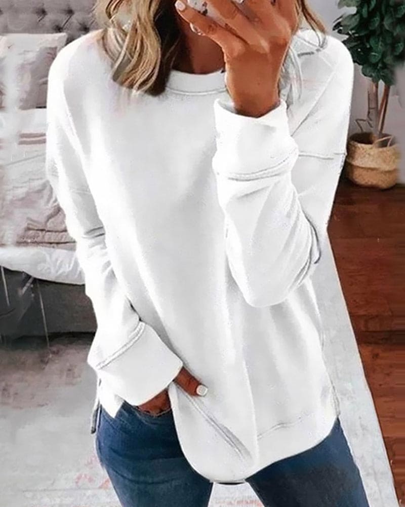 Women's plain crew-neck sweatshirt with long sleeves and ribbed trims