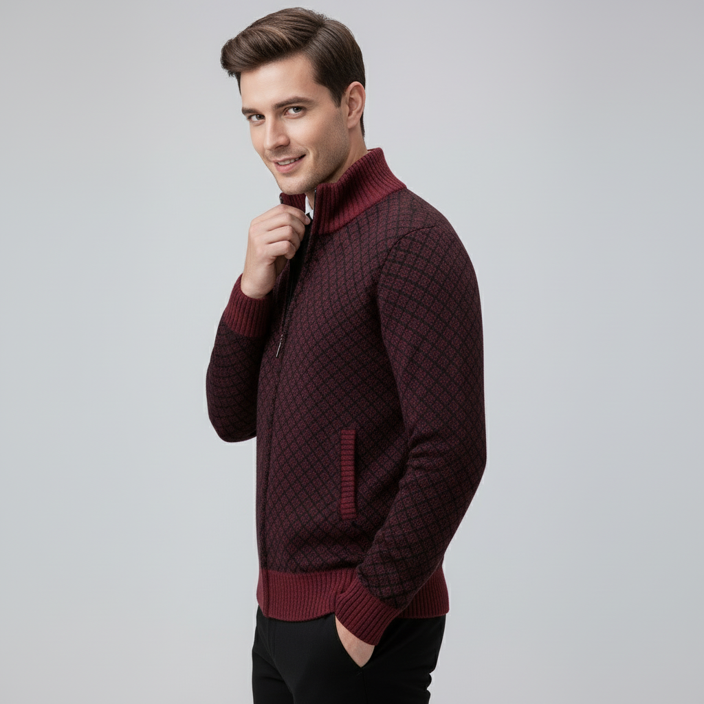 Men's geometric patterned zip cardigan sweater with mock collar