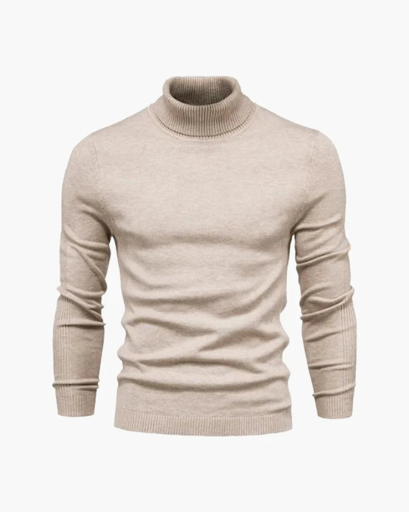 Men's fitted turtleneck knit sweater with long sleeves and ribbed cuffs