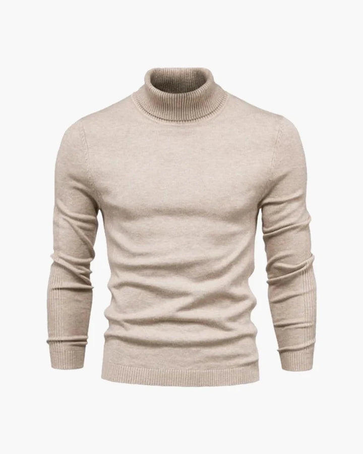 Men's fitted turtleneck knit sweater with long sleeves and ribbed cuffs