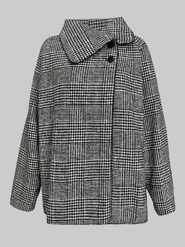 Houndstooth plaid jacket with stand collar and asymmetric button front