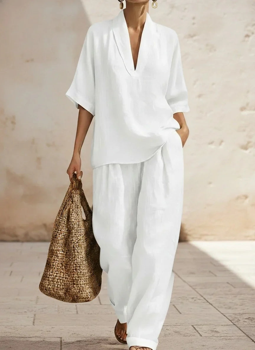 Women's relaxed two-piece set with V-neck top and wide-leg trousers in sand