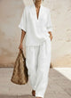 Women's relaxed two-piece set with V-neck top and wide-leg trousers in sand