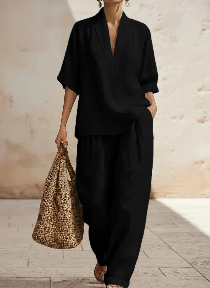 Women's relaxed two-piece set with V-neck top and wide-leg trousers in sand