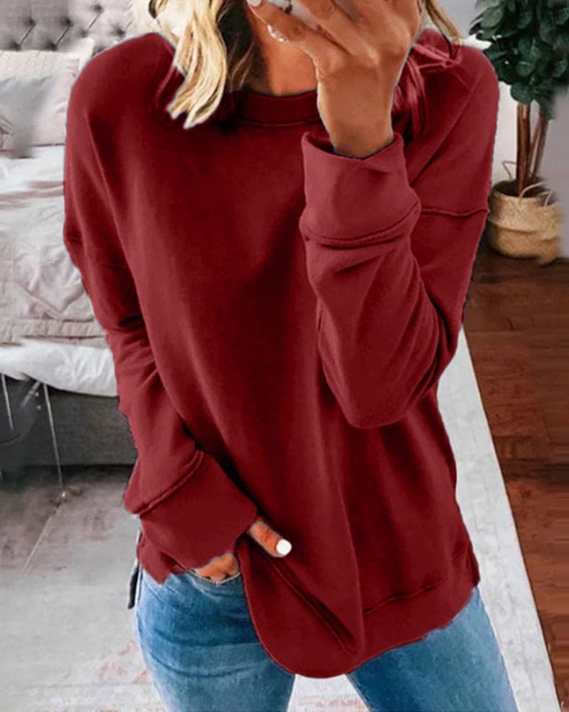 Women's plain crew-neck sweatshirt with long sleeves and ribbed trims