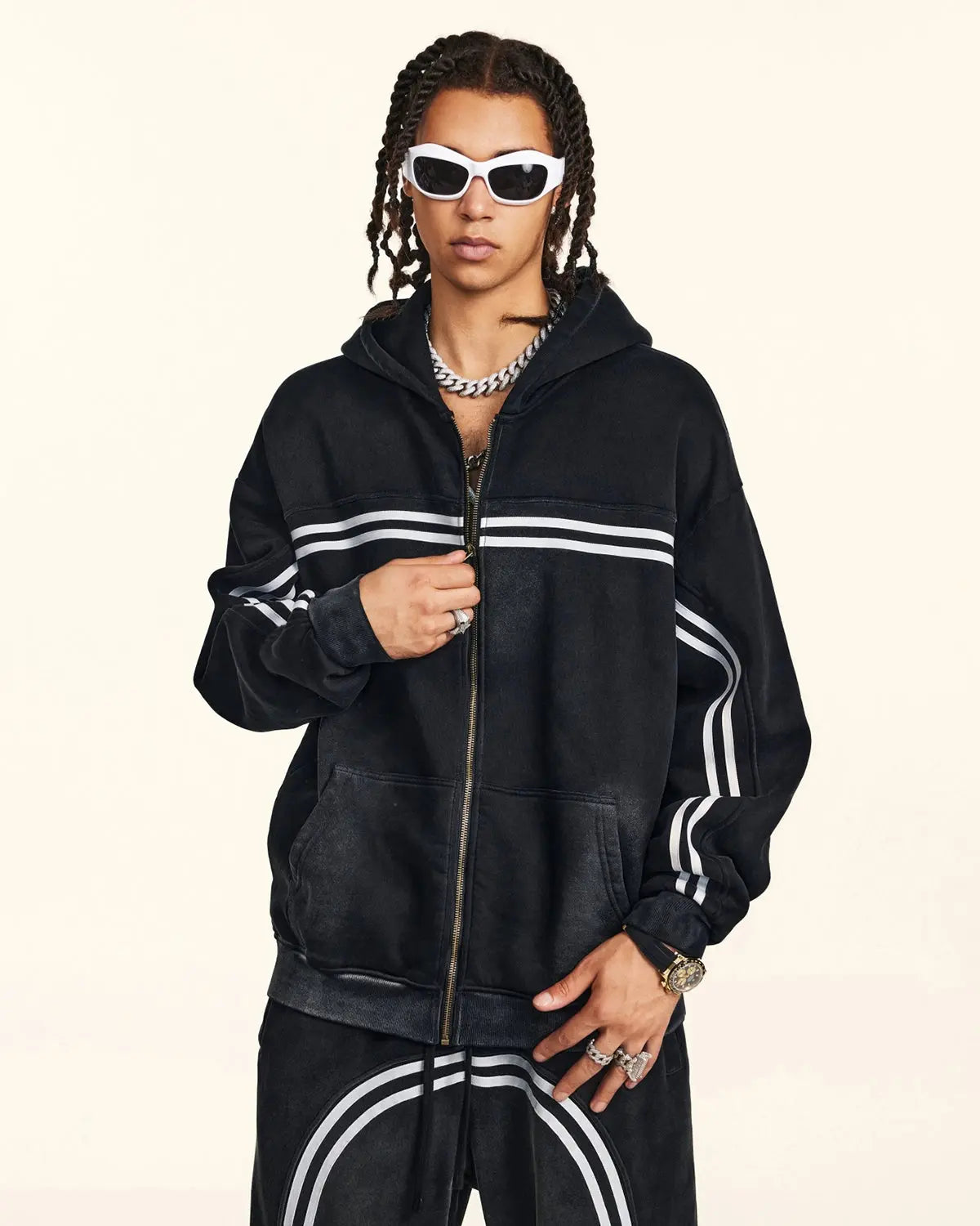 Black striped zip-up hoodie with hood and front pockets
