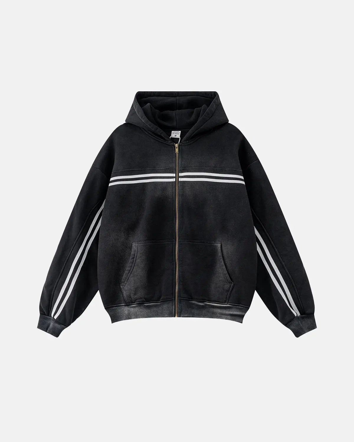 Black striped zip-up hoodie with hood and front pockets