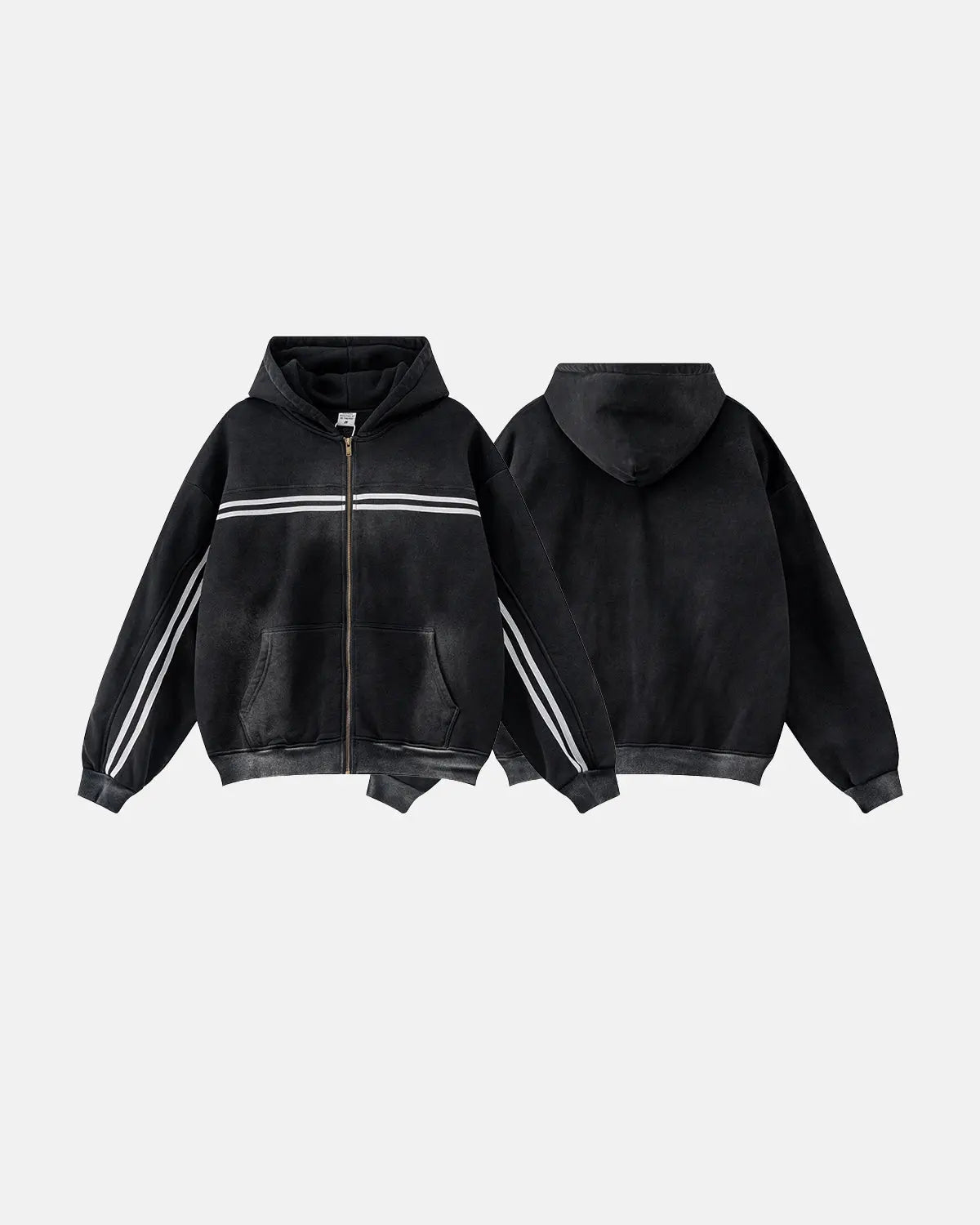 Black striped zip-up hoodie with hood and front pockets