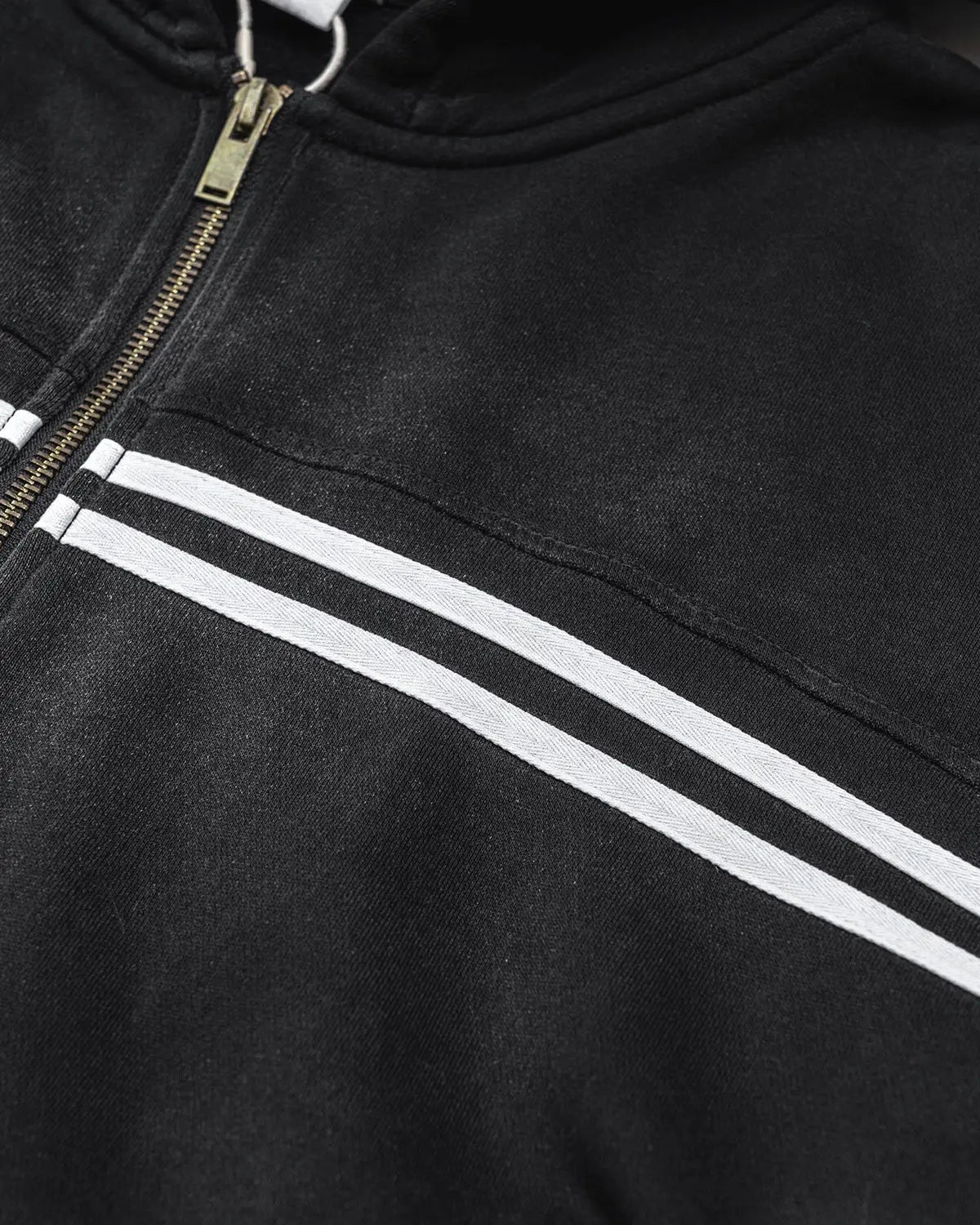 Black striped zip-up hoodie with hood and front pockets