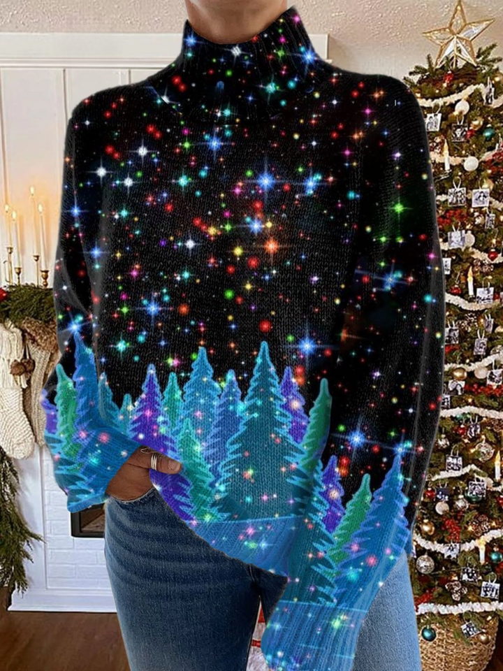 Women's festive turtleneck sweater with colourful stars and Christmas trees