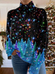 Women's festive turtleneck sweater with colourful stars and Christmas trees
