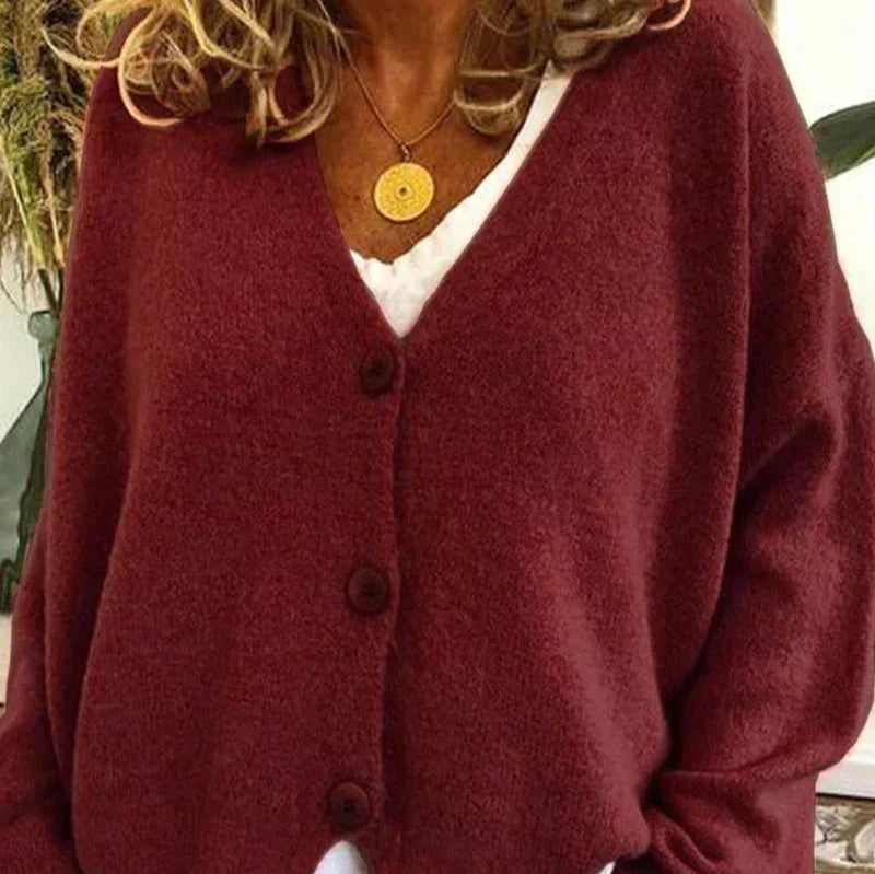 Women's V-neck button cardigan with long sleeves