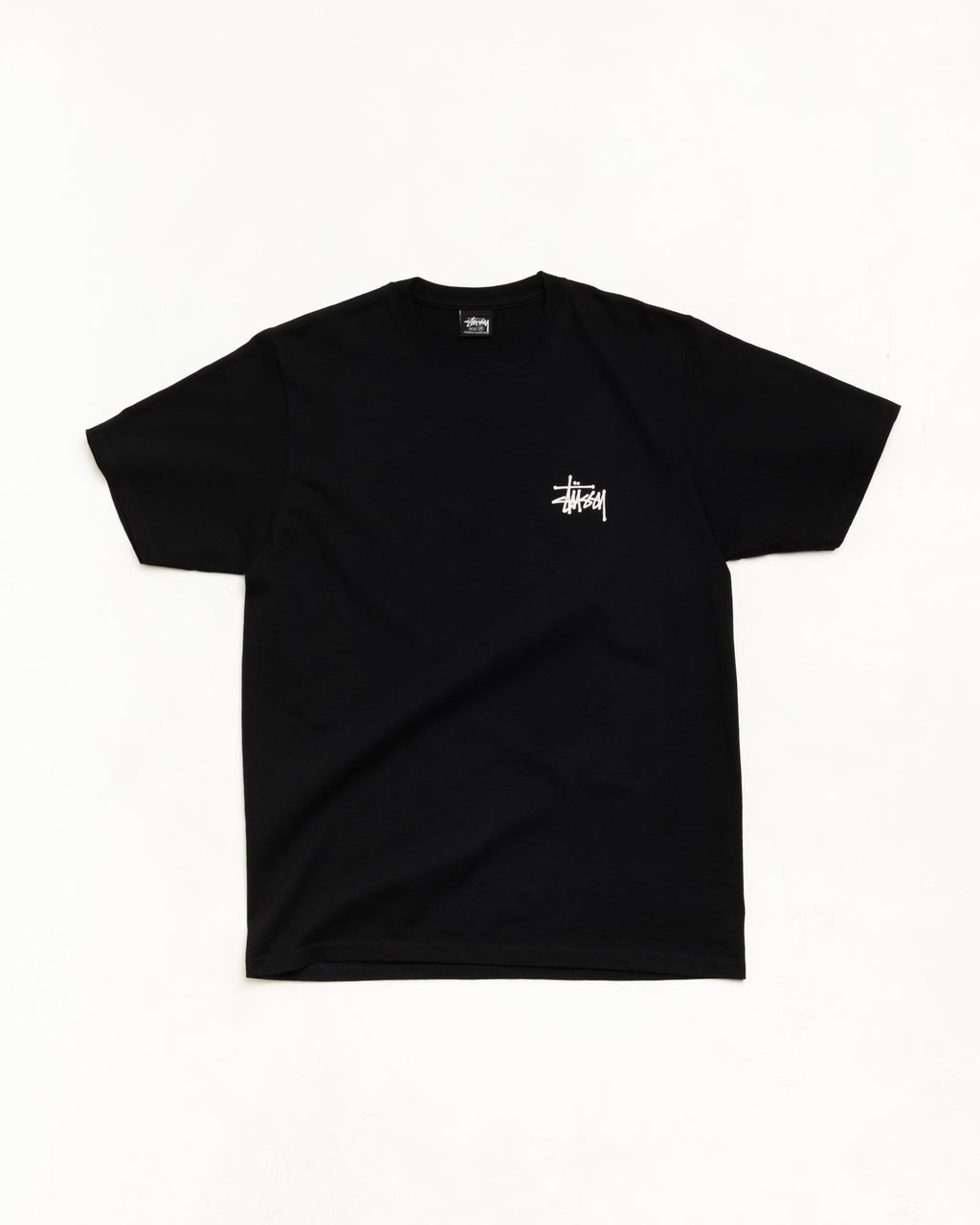 Men's black crewneck t-shirt with white Stüssy logo graphic