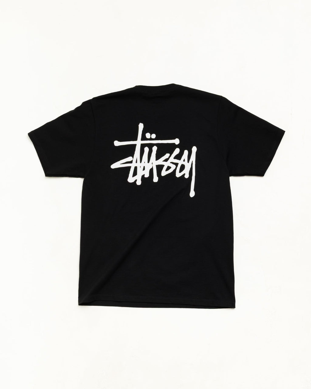 Men's black crewneck t-shirt with white Stüssy logo graphic