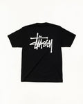 Men's black crewneck t-shirt with white Stüssy logo graphic
