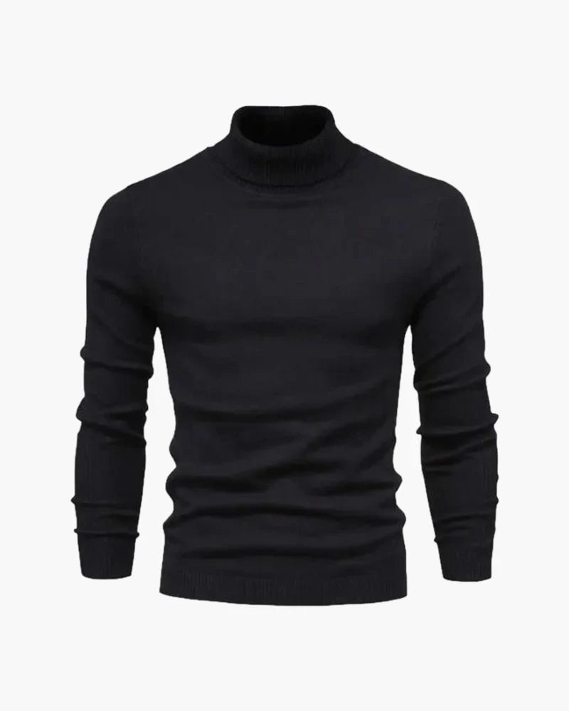 Men's fitted turtleneck knit sweater with long sleeves and ribbed cuffs