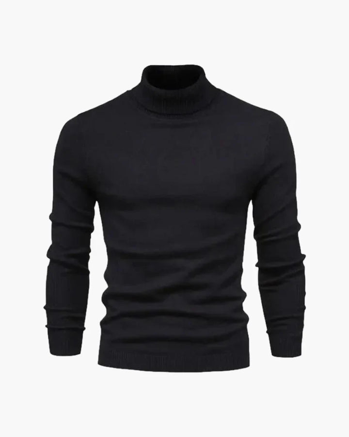 Men's fitted turtleneck knit sweater with long sleeves and ribbed cuffs