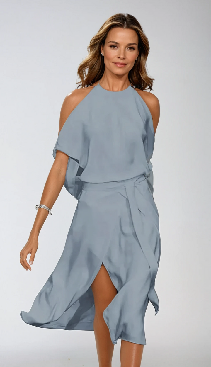 Women's Halter Neck Midi Dress, Cold Shoulder Wrap Skirt