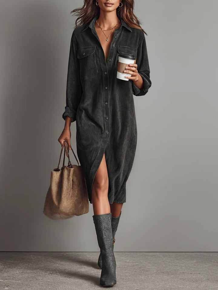 Women's corduroy shirt midi dress with collar and chest pockets