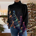 Women's festive turtleneck sweater with colourful stars and Christmas trees