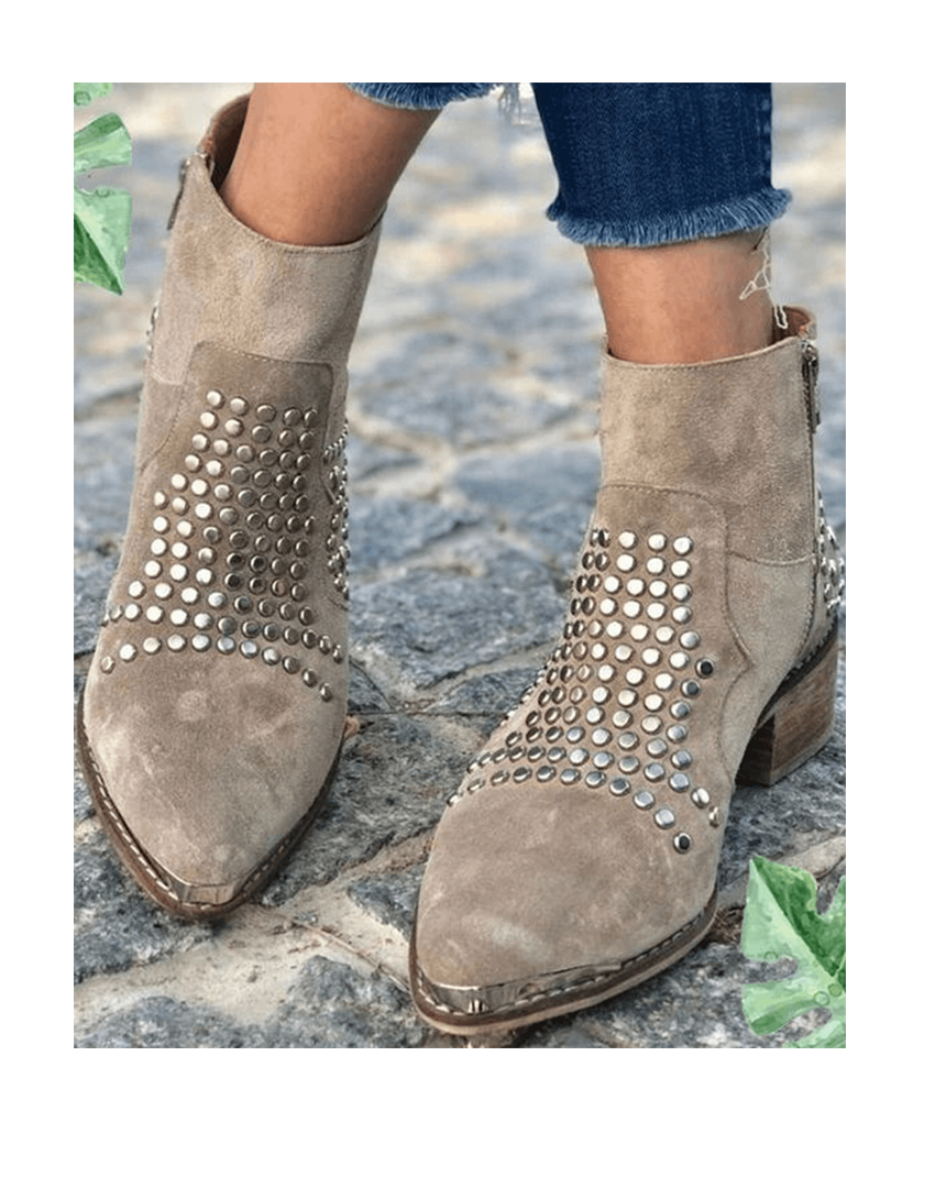 Women's taupe ankle boots with silver studs and low block heel