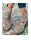 Women's taupe ankle boots with silver studs and low block heel
