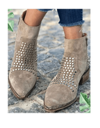 Women's taupe ankle boots with silver studs and low block heel