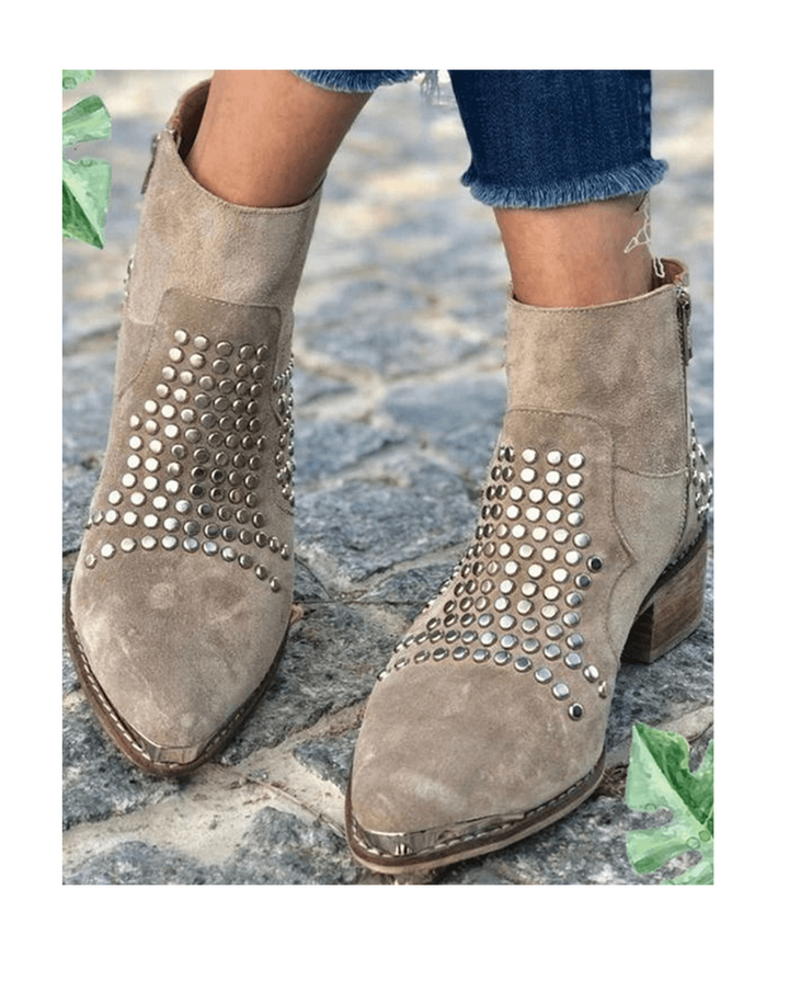 Women's taupe ankle boots with silver studs and low block heel