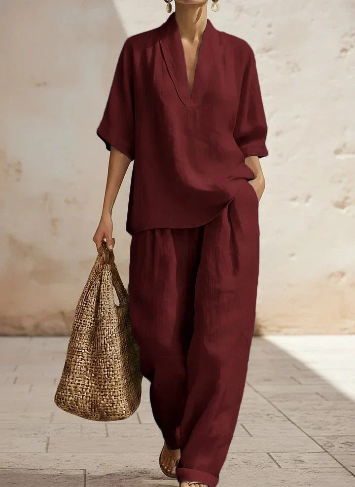 Women's relaxed two-piece set with V-neck top and wide-leg trousers in sand