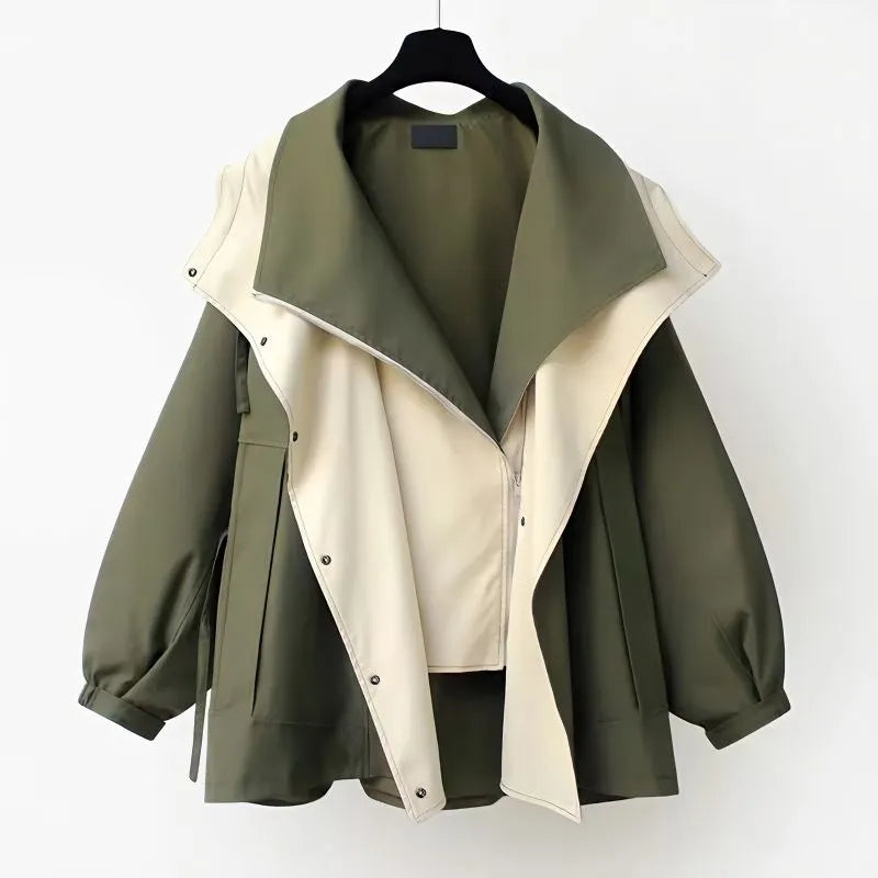 Women's lightweight windbreaker jacket with oversized colour-block collar and button front