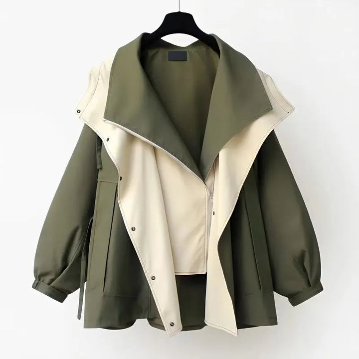 Women's lightweight windbreaker jacket with oversized colour-block collar and button front