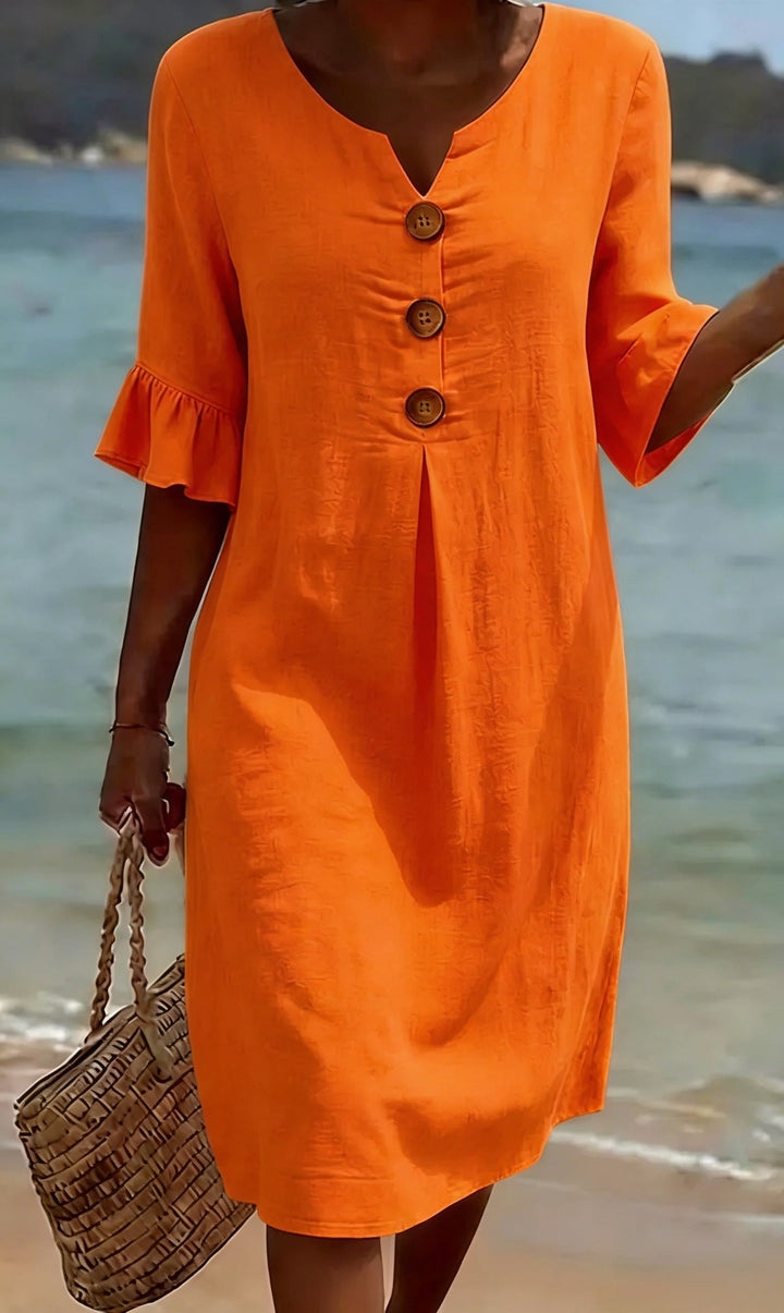 Women's Linen Blend Shift Dress, Wooden Buttons and Ruffle Cuffs