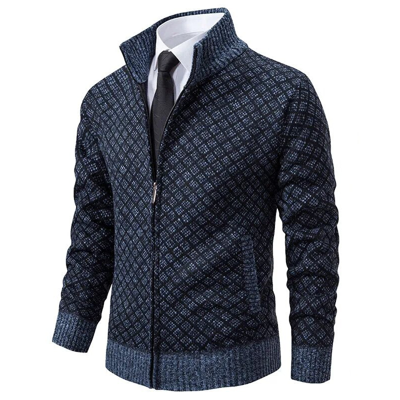 Men's geometric patterned zip cardigan sweater with mock collar
