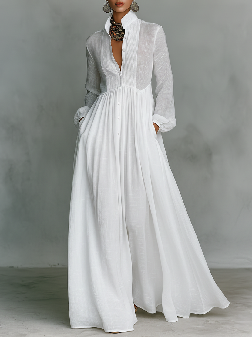 Pintucked Bib Front Maxi Shirt Dress for Women