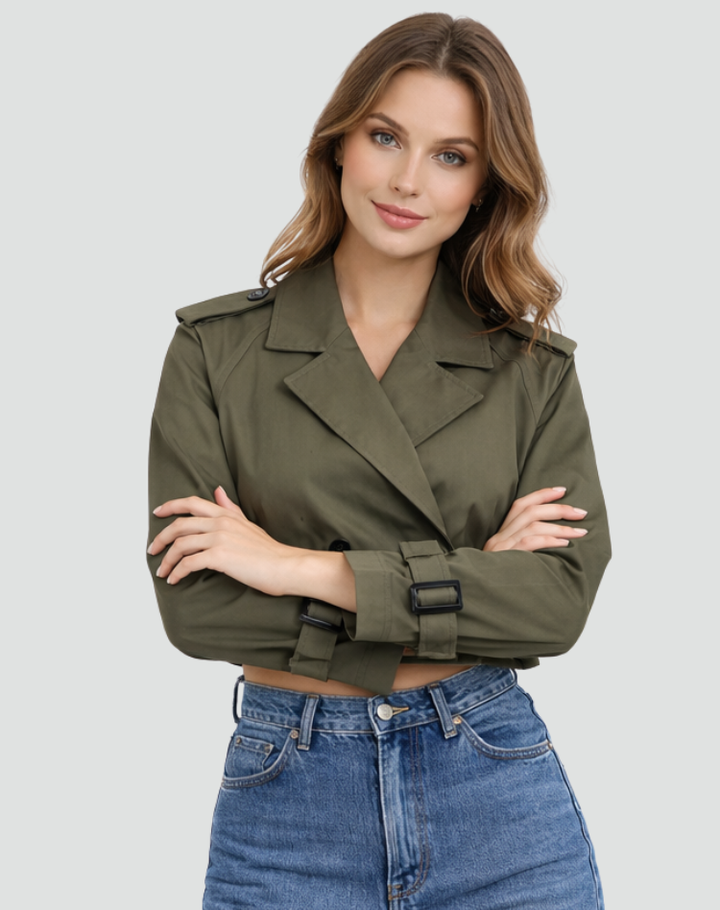 Women's cropped belted trench coat with lapels and long sleeves