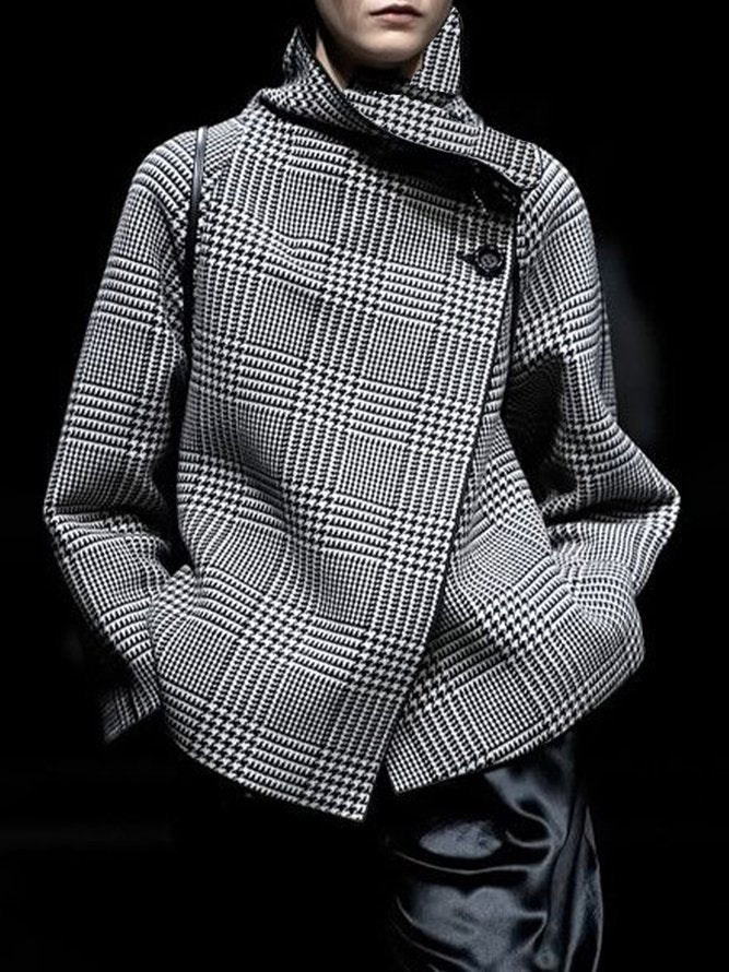 Houndstooth plaid jacket with stand collar and asymmetric button front