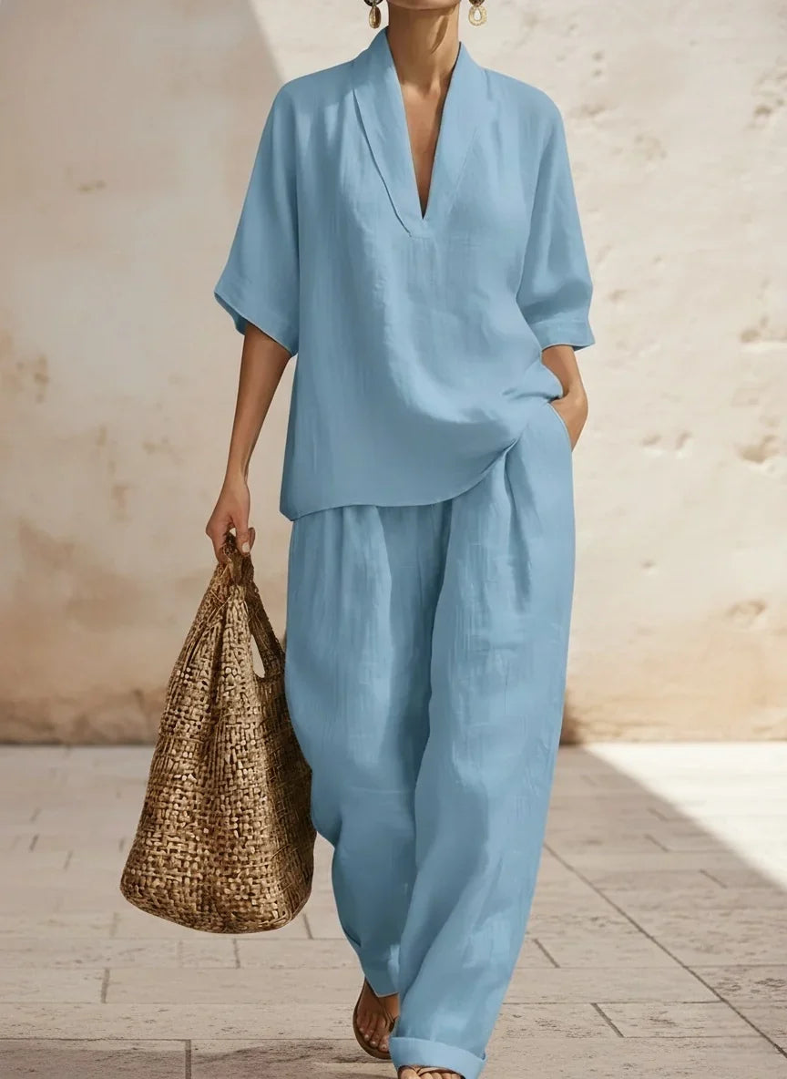 Women's relaxed two-piece set with V-neck top and wide-leg trousers in sand