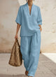 Women's relaxed two-piece set with V-neck top and wide-leg trousers in sand