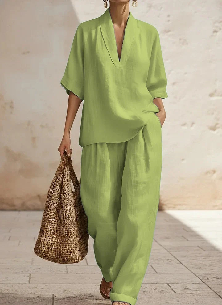 Women's relaxed two-piece set with V-neck top and wide-leg trousers in sand