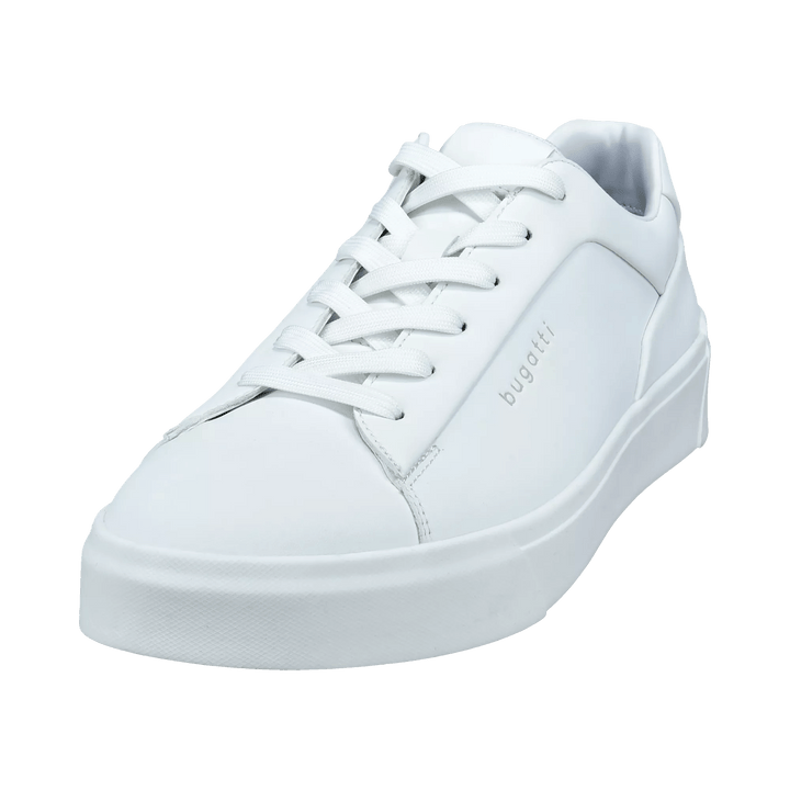 Men's white low-top lace-up sneaker with raised sole