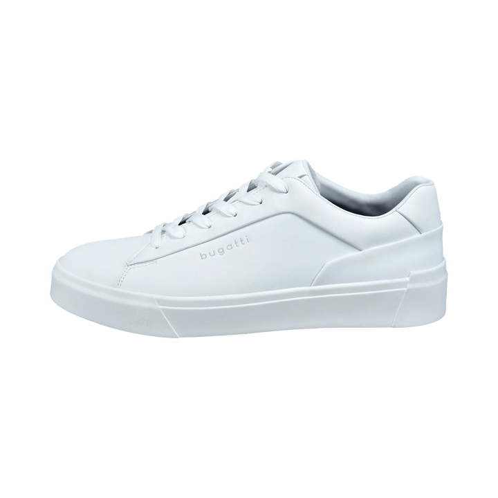 Men's white low-top lace-up sneaker with raised sole