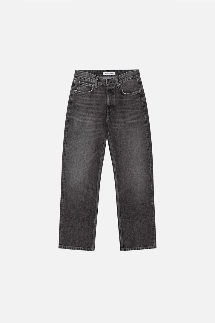 Women's black straight-leg 5-pocket jeans, mid-rise