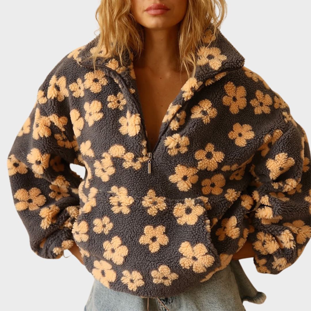 Women's floral half-zip pullover sweater with raised collar