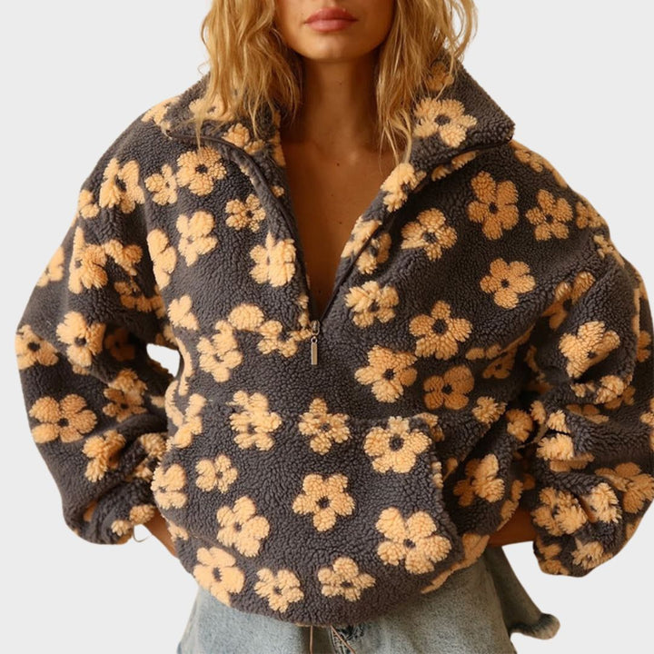 Women's floral half-zip pullover sweater with raised collar