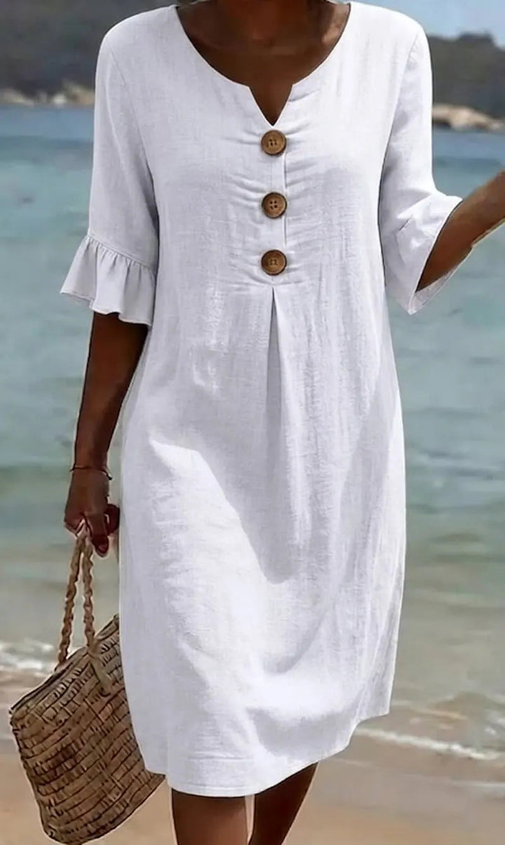Women's Linen Blend Shift Dress, Wooden Buttons and Ruffle Cuffs