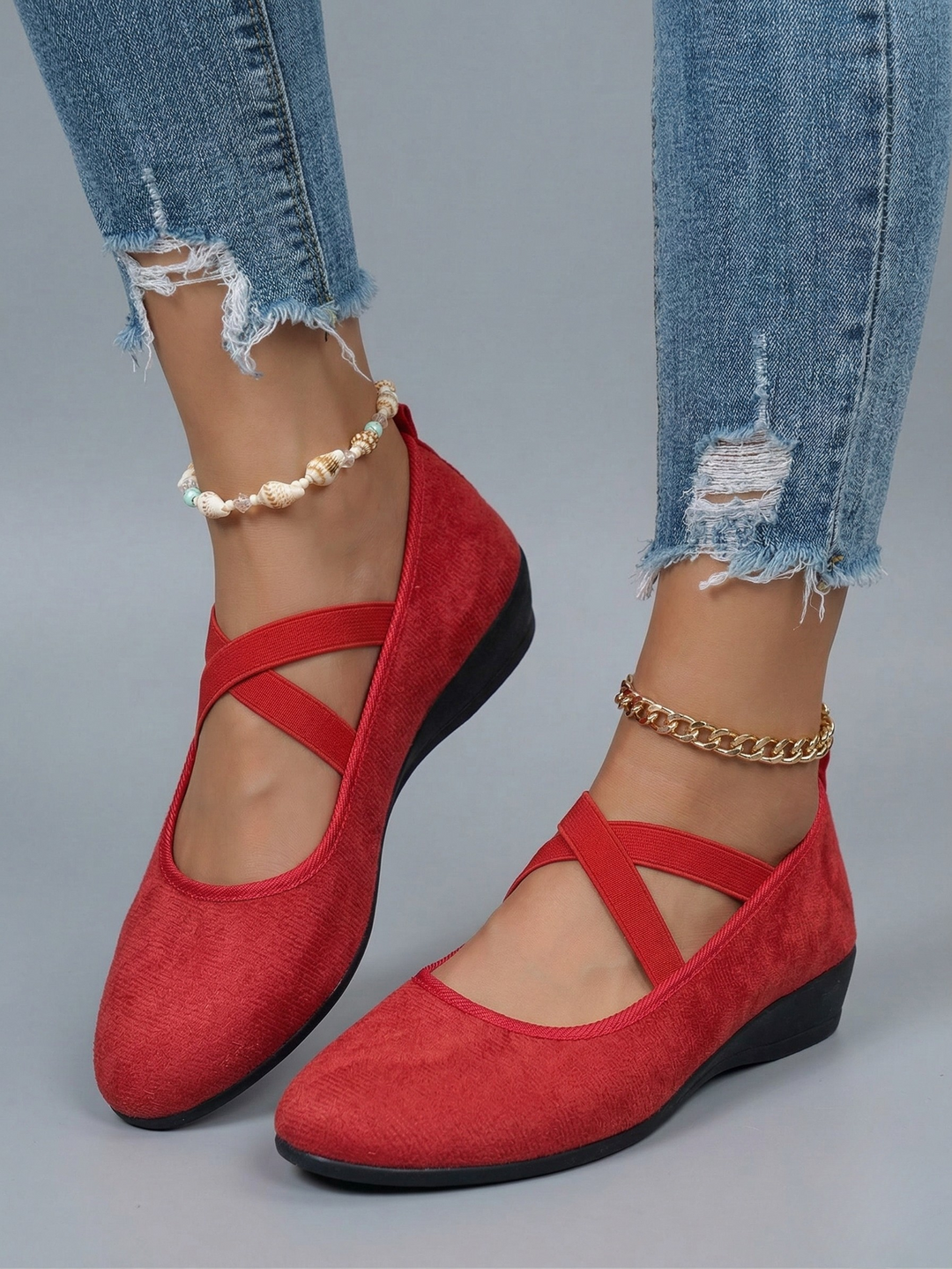Women's black and beige closed-toe platform wedge shoes with elastic ankle strap